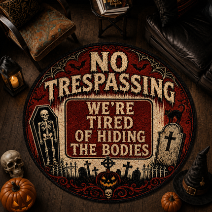 Halloween Round Rug No Trespassing Skeleton Doormat