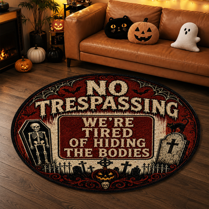 Halloween Round Rug No Trespassing Skeleton Doormat