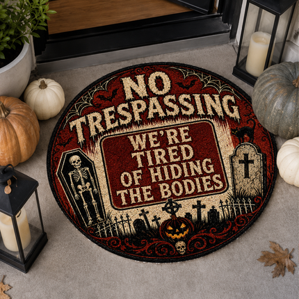 Halloween Round Rug No Trespassing Skeleton Doormat