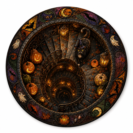 Halloween Round Rug Black Cat Spiral Stair Doormat