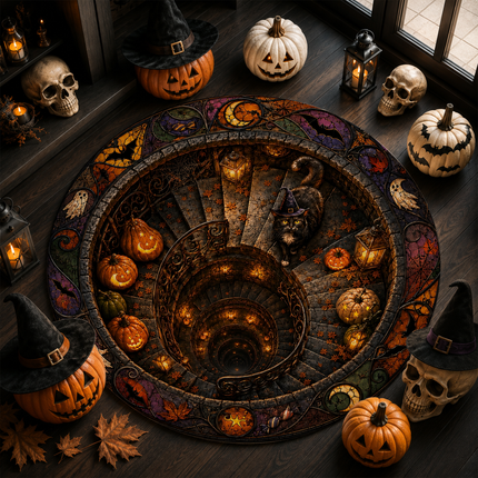 Halloween Round Rug Black Cat Spiral Stair Doormat