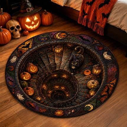 Halloween Round Rug Black Cat Spiral Stair Doormat