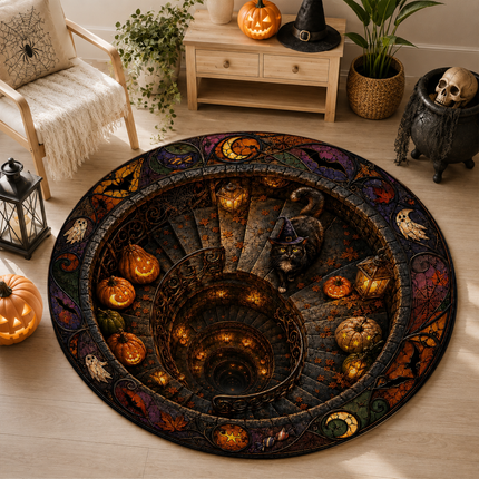 Halloween Round Rug Black Cat Spiral Stair Doormat