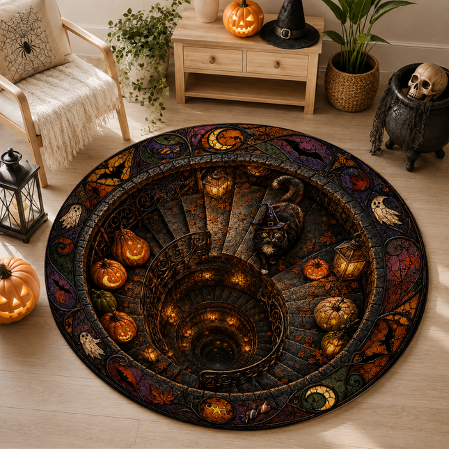 Halloween Round Rug Black Cat Spiral Stair Doormat