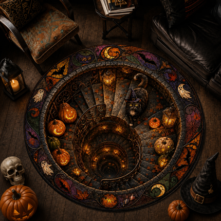 Halloween Round Rug Black Cat Spiral Stair Doormat