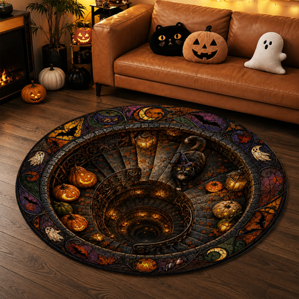 Halloween Round Rug Black Cat Spiral Stair Doormat