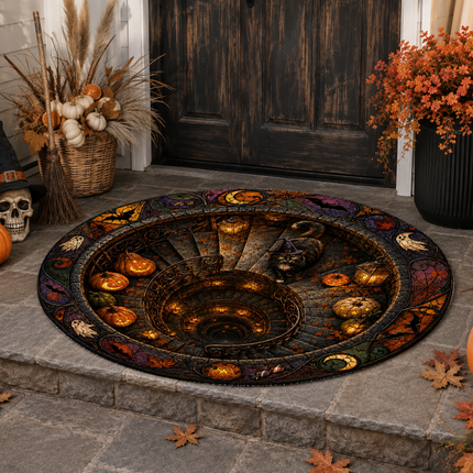 Halloween Round Rug Black Cat Spiral Stair Doormat
