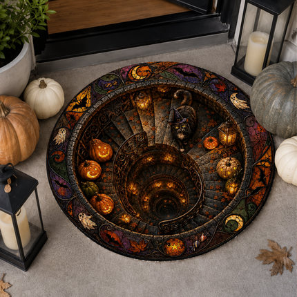 Halloween Round Rug Black Cat Spiral Stair Doormat