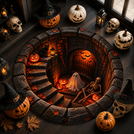 Halloween Round Rug Ghost Skeleton Haunted Stairway Doormat