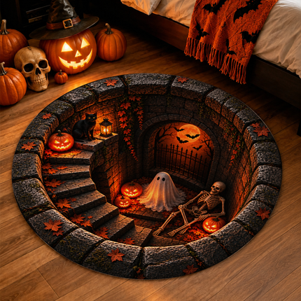 Halloween Round Rug Ghost Skeleton Haunted Stairway Doormat