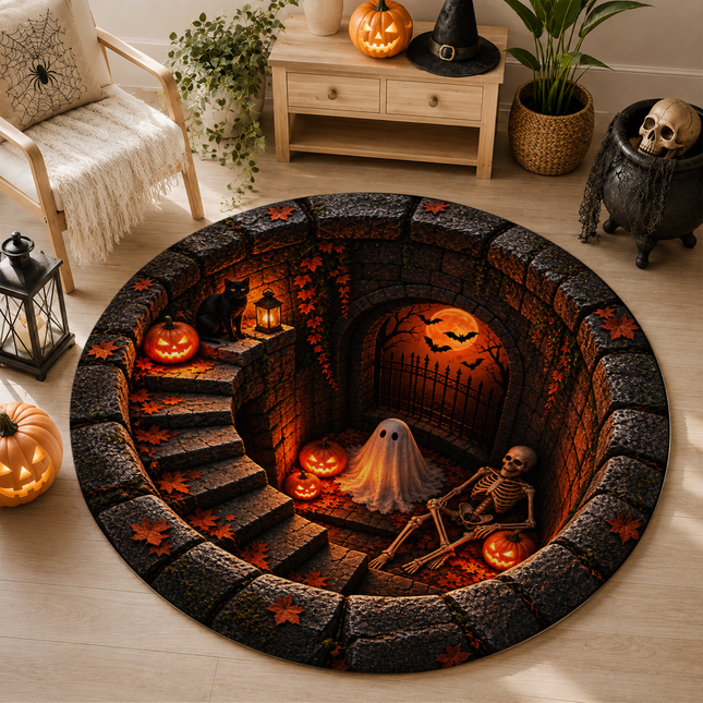 Halloween Round Rug Ghost Skeleton Haunted Stairway Doormat