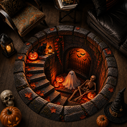 Halloween Round Rug Ghost Skeleton Haunted Stairway Doormat