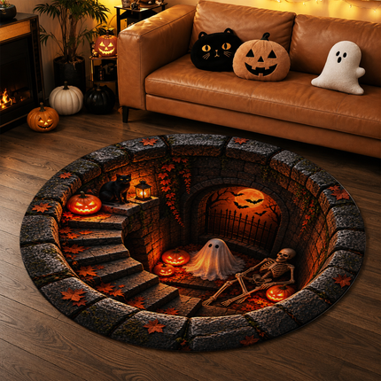 Halloween Round Rug Ghost Skeleton Haunted Stairway Doormat