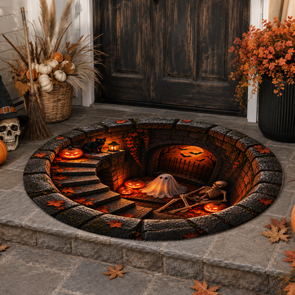 Halloween Round Rug Ghost Skeleton Haunted Stairway Doormat