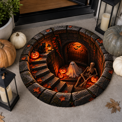 Halloween Round Rug Ghost Skeleton Haunted Stairway Doormat