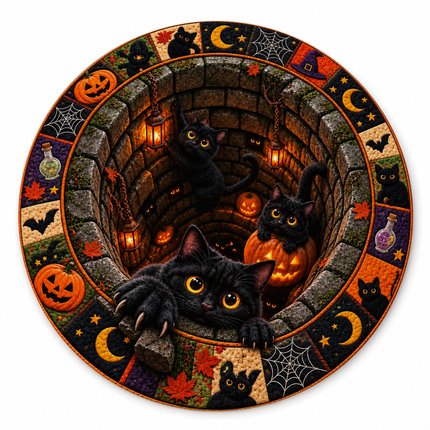 Halloween Round Rug Black Cat Pumpkin Well Doormat