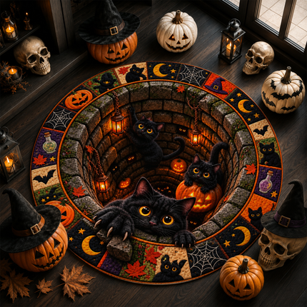 Halloween Round Rug Black Cat Pumpkin Well Doormat