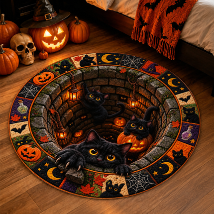 Halloween Round Rug Black Cat Pumpkin Well Doormat