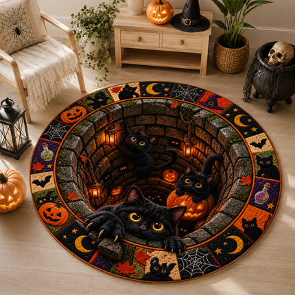Halloween Round Rug Black Cat Pumpkin Well Doormat