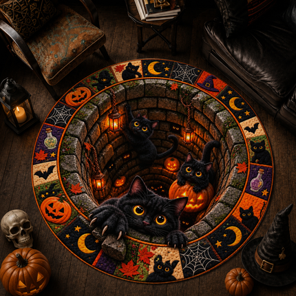 Halloween Round Rug Black Cat Pumpkin Well Doormat