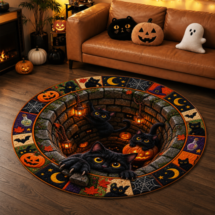 Halloween Round Rug Black Cat Pumpkin Well Doormat