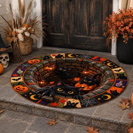 Halloween Round Rug Black Cat Pumpkin Well Doormat