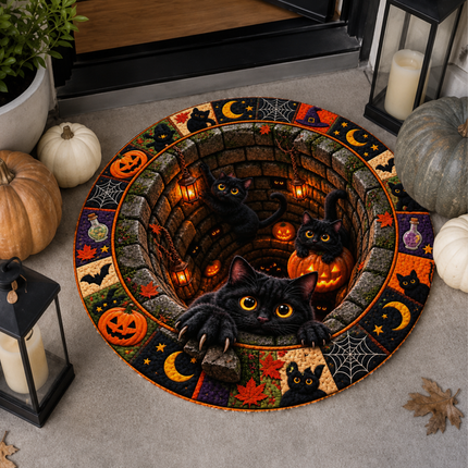 Halloween Round Rug Black Cat Pumpkin Well Doormat