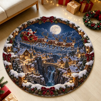 Christmas Round Doormat with Santa Reindeer Moonlight