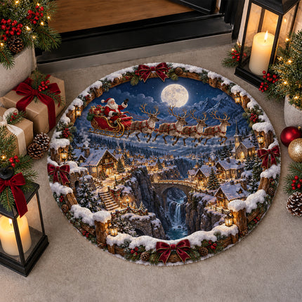 Christmas Round Doormat with Santa Reindeer Moonlight