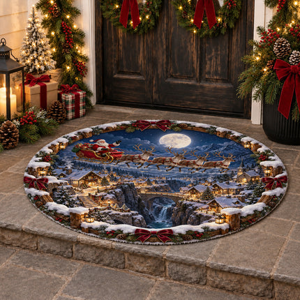 Christmas Round Doormat with Santa Reindeer Moonlight