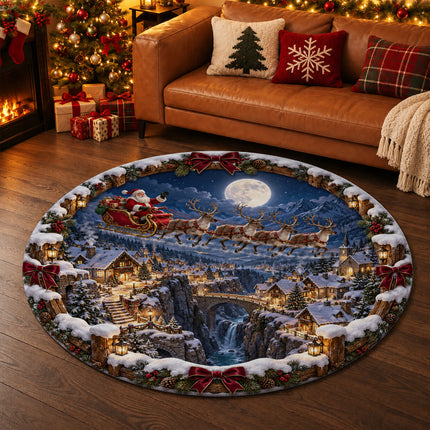 Christmas Round Doormat with Santa Reindeer Moonlight