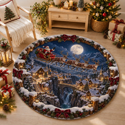 Christmas Round Doormat with Santa Reindeer Moonlight