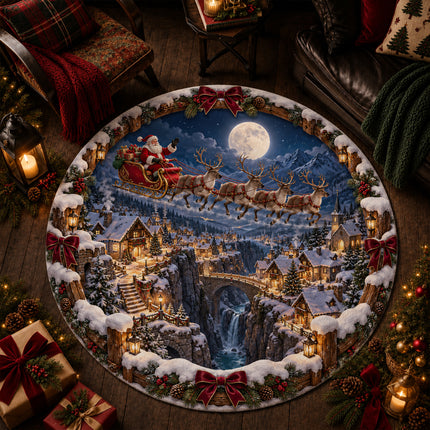 Christmas Round Doormat with Santa Reindeer Moonlight