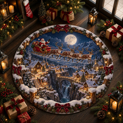 Christmas Round Doormat with Santa Reindeer Moonlight