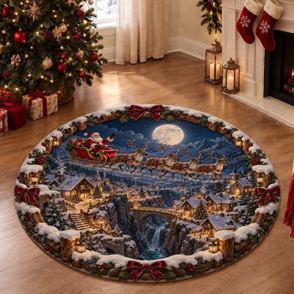 Christmas Round Doormat with Santa Reindeer Moonlight
