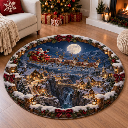 Christmas Round Doormat with Santa Reindeer Moonlight