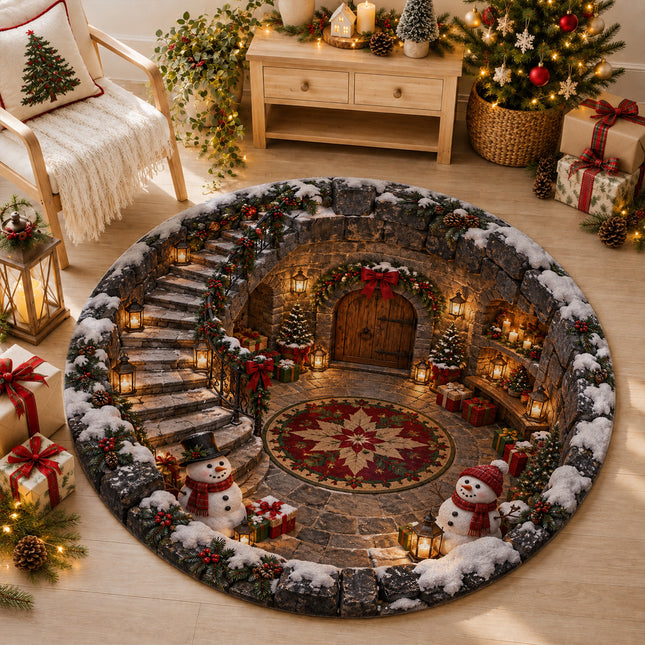 Christmas Round Doormat with Snowman Stone Courtyard