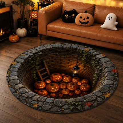 Halloween Round Rug Pumpkin Well Jack O Lantern Doormat