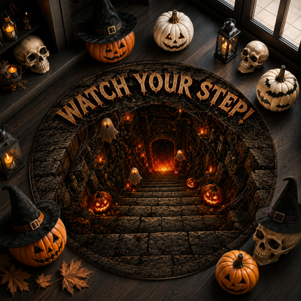 Halloween Round Rug Ghost Stairway Watch Your Step Doormat