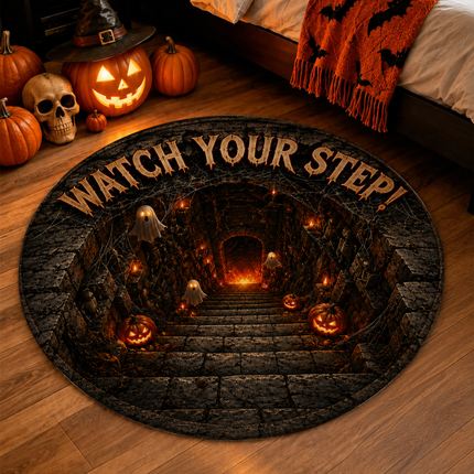 Halloween Round Rug Ghost Stairway Watch Your Step Doormat