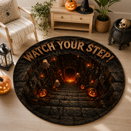 Halloween Round Rug Ghost Stairway Watch Your Step Doormat