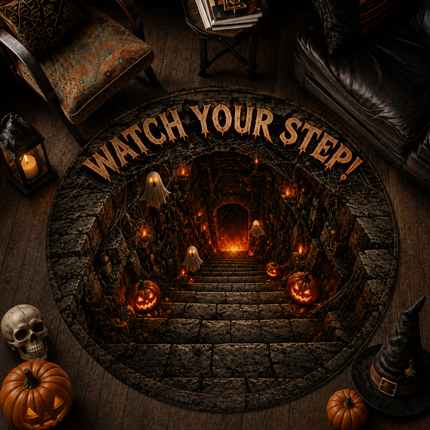 Halloween Round Rug Ghost Stairway Watch Your Step Doormat