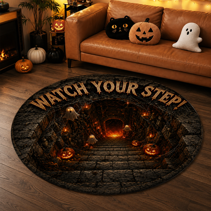 Halloween Round Rug Ghost Stairway Watch Your Step Doormat