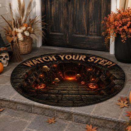 Halloween Round Rug Ghost Stairway Watch Your Step Doormat