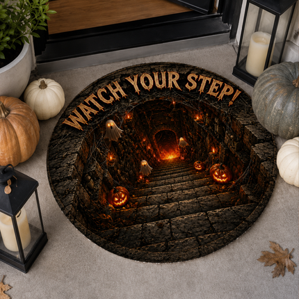 Halloween Round Rug Ghost Stairway Watch Your Step Doormat