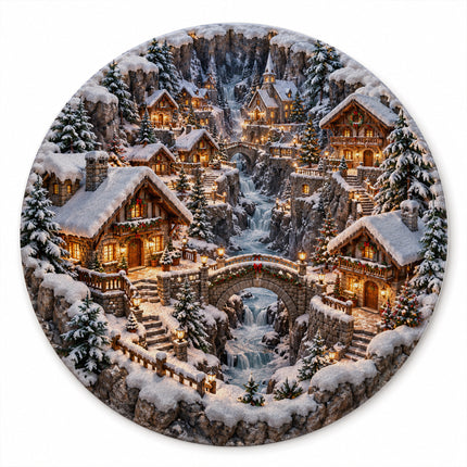 Christmas Round Doormat with Snowy Alpine Village