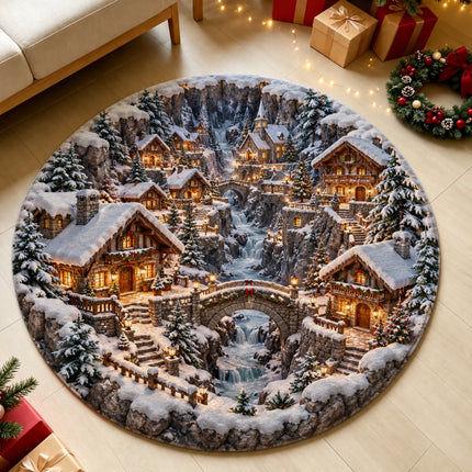 Christmas Round Doormat with Snowy Alpine Village