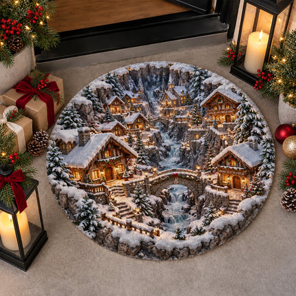 Christmas Round Doormat with Snowy Alpine Village