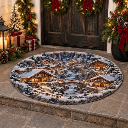 Christmas Round Doormat with Snowy Alpine Village