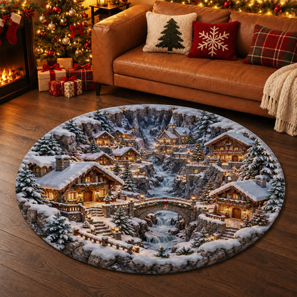 Christmas Round Doormat with Snowy Alpine Village